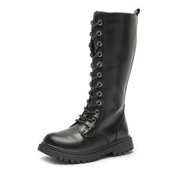 Girls Leather Riding Knee High Boots with Side Zipper Fashion Round Toe Comfortable Low Heel Lace Up