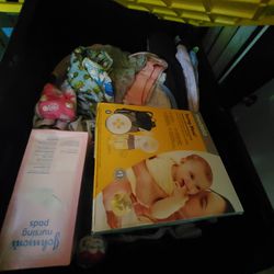 4 Lg Bins Of Baby Clothes And Supplies