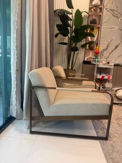 Modern Luxury Accent Chairs – Cream & Bronze Metal Frame (Set of 2)
