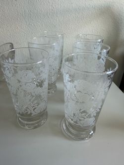 Vintage Libbey Glasses Set of Six Clear Glass and White Frosted Glass Floral