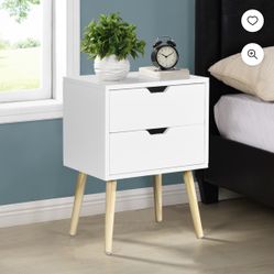 Resenkos Side Table with 2 Drawer and Rubber Wood Legs, Modern Storage Cabinet for Bedroom Living Room,White