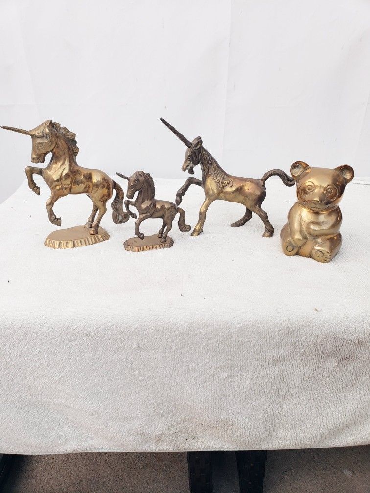 Vintage Mid Century Solid Brass Unicorn Or Panda Bear Figurines -  $20 Each