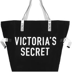 New NWT Victoria's Secret Black & White Large Canvas Tote Bag Weekender Beach