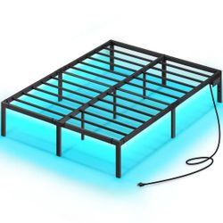Rolanstar Bed Frame with USB Charging Station, Full Bed Frame with LED Lights, Platform Bed Frame with Heavy Duty Steel Slats, 16" Storage Space Benea