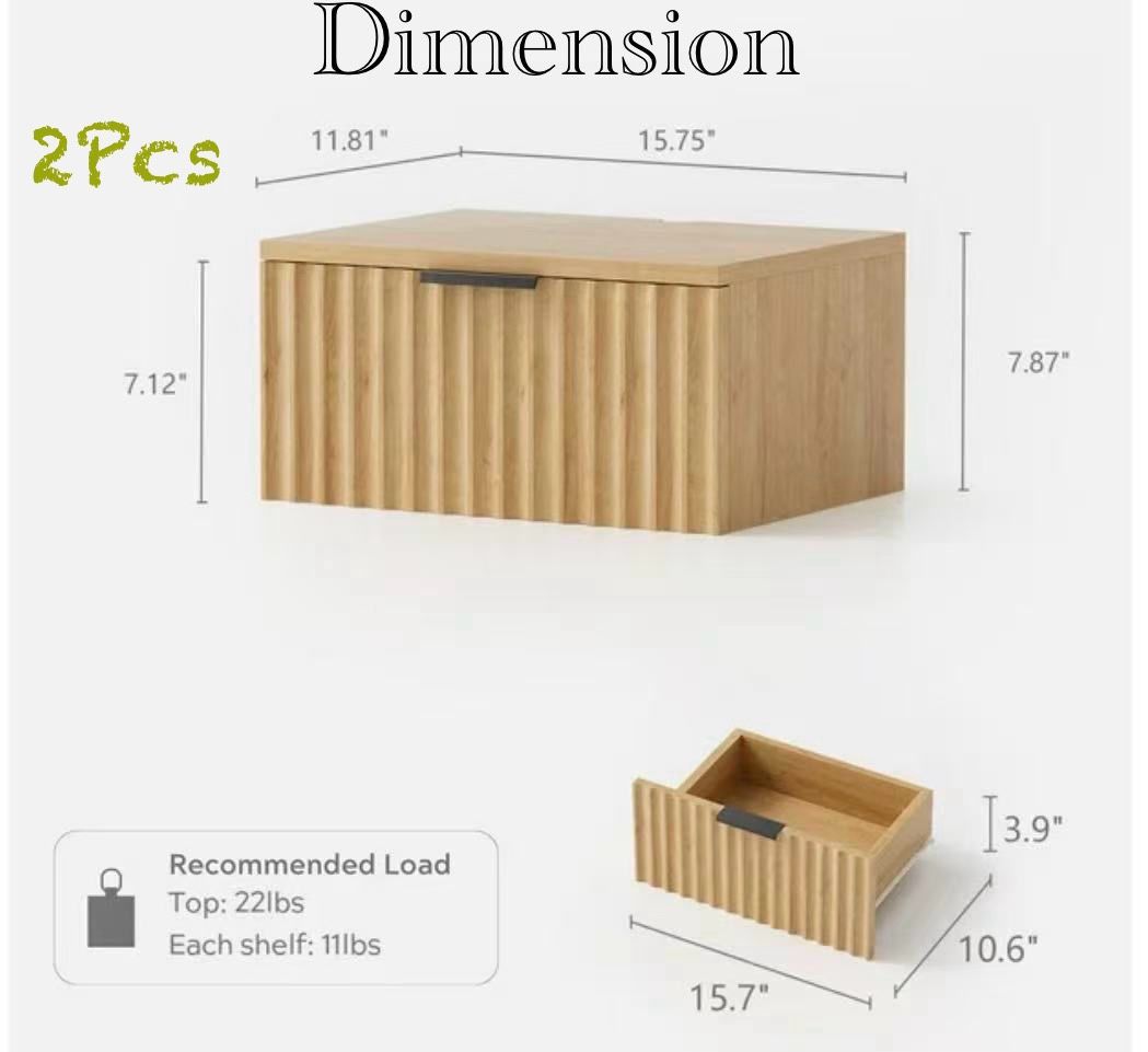 🥨2Pcs Small Floating Nightstand, Modern Fluted Night Stand with Drawer and Wall Mounted Bedside Tables, Natural Oak