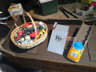 Basket full of toy cars Hot Wheels Matchbox + stunt ramp & dino big rig