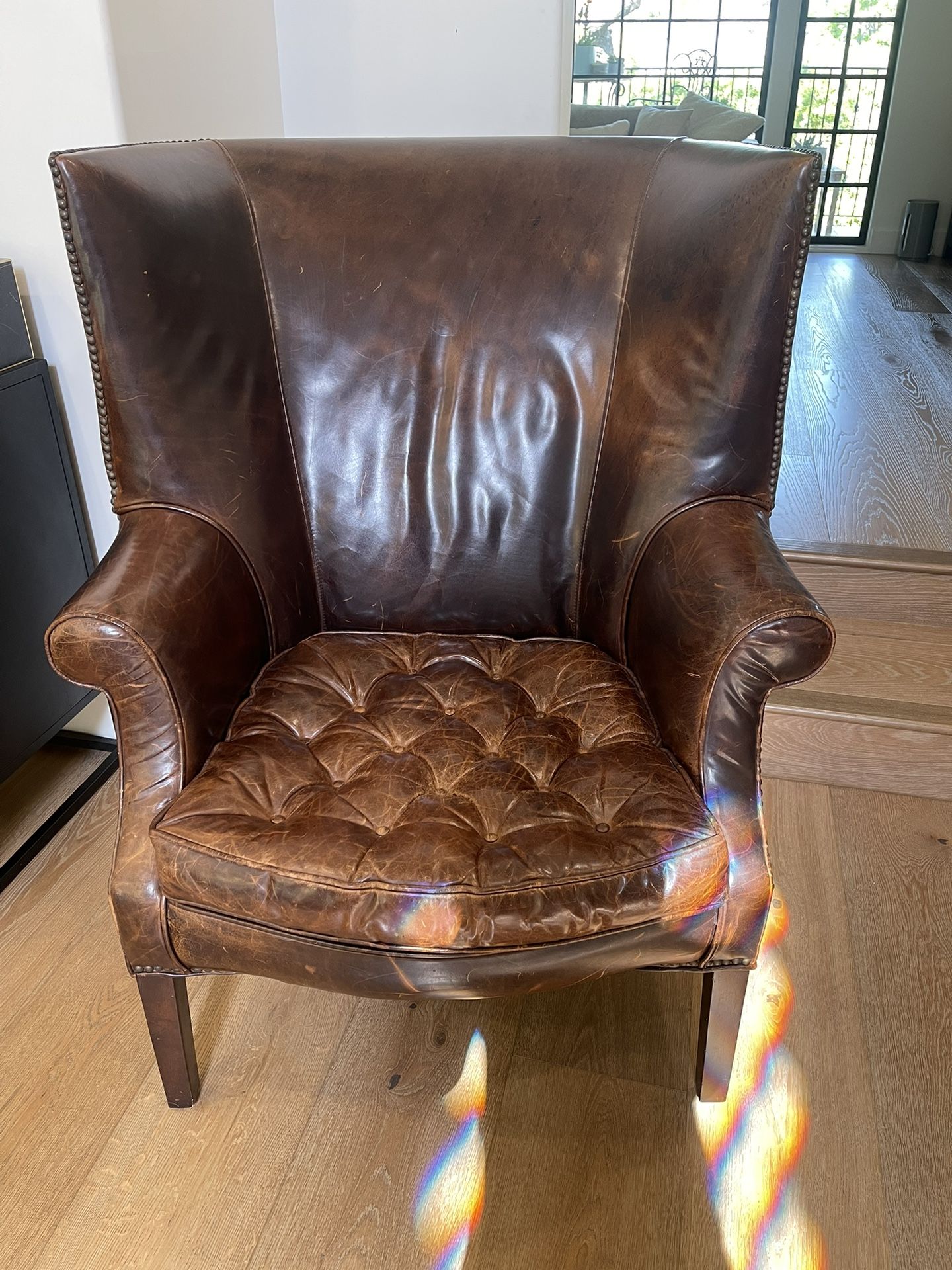 Restoration Hardware Large Distressed Leather Drake Chesterfield Wingback Chair
