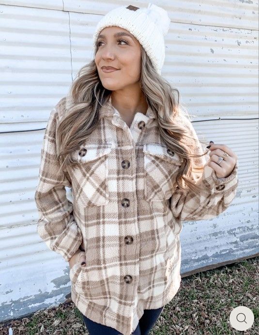 Women's Plaid Button Down Shacket Shirt Jacket Cardigan Top Fuzzy Fleece Winter