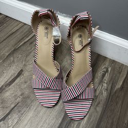New Cushion Walk by Avon Woman Strip block heel shoes sandal Sz 9 Fabric Upper