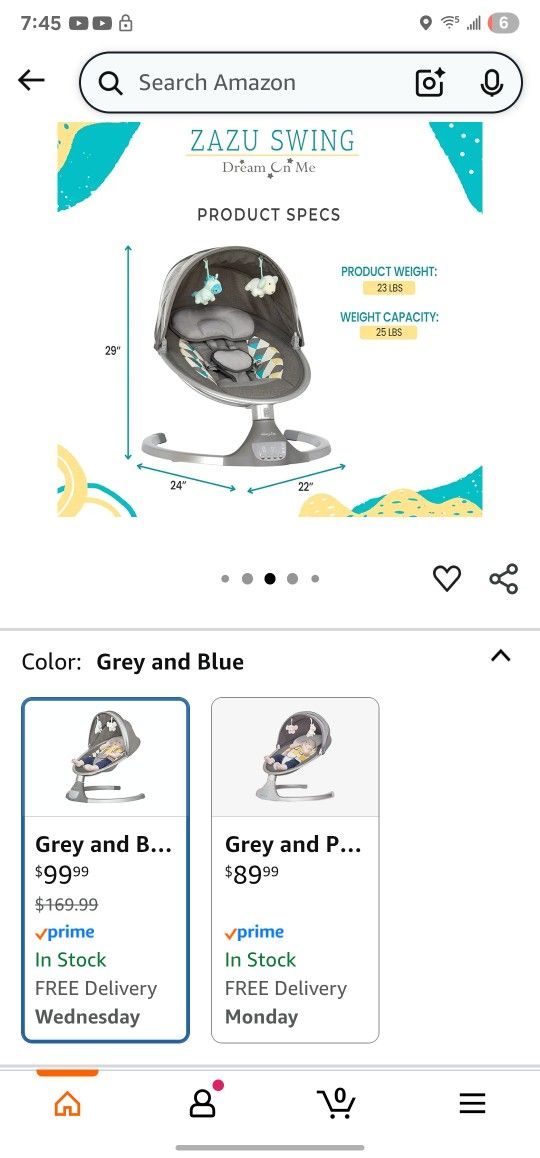Dream On Me Zazu Baby Swing, Baby Swing for Infant, 5 - Swinging Speed, Two Attached Toys, Bluetooth Enabled and Remote Control, Grey and Blue