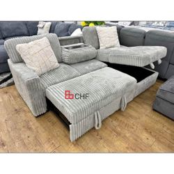 Corduroy Sleeper Sectional Sofa with Storage Chaise And Pull Out Bed With Cupholders