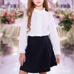 Girls White Blouse Ruffle Long Sleeve Button Down Shirts Princess 100% Cotton Loose Soft Tops Spring and Summer 13-14Y
