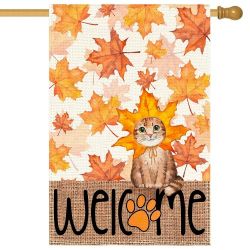 Brand New - Fall House Flag 28x40 Inch Double Sided Outside, Autumn Maple Leaves Cat Welcome Large Garden Flags Seasonal Yard Outdoor Decoration