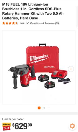 Milwaukee M18 FUEL 1" SDS Plus Rotary Hammer Kit 2912-22 Two 6.0 Ah Batteries Hard Case