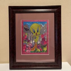 Vintage Warner Bros TWEETY BIRD "IN THE GARDEN" Metallic Foil Art Matted and Framed 17” H x 15” L