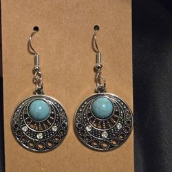 Turquoise Round Silver Earrings Bohemian Chic Hook Dangle Handmade NEW 