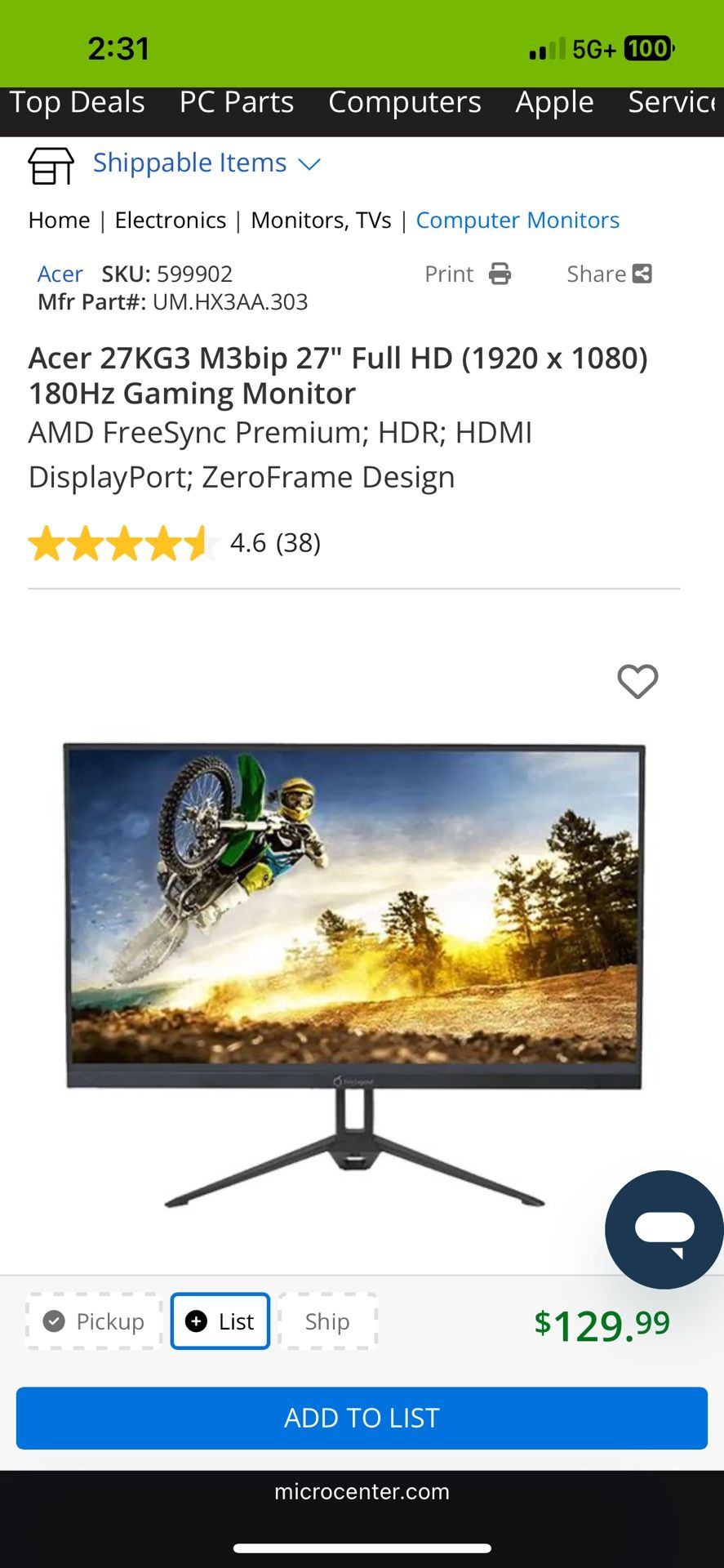 Acer 27KG3 M3bip 27" Full HD (1920 × 1080) 180Hz Gaming Monitor