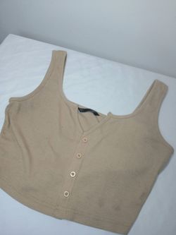 Woman's Beige Ribbed Crop Tank Top Sleeveless Basic Casual Size S