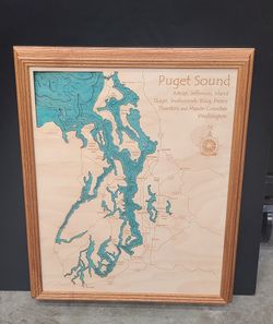 Lake Art Bathymetric Wood Depth Map of Puget Sound