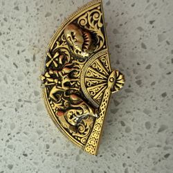 VINTAGE Damascene Fan Brooch Pin Black Gold Spanish 