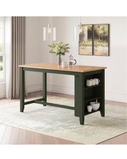 SALE! Green Counter Height Dining Table, Kitchen Island Table with 3 Storage Shelves, Wood Construction, Seats Up to 4, Natural and Green, 60"