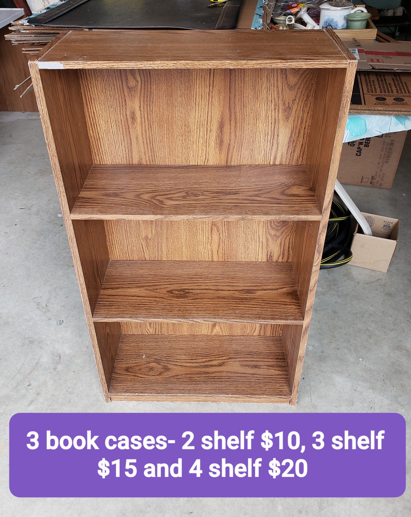 3 book cases different sizes
