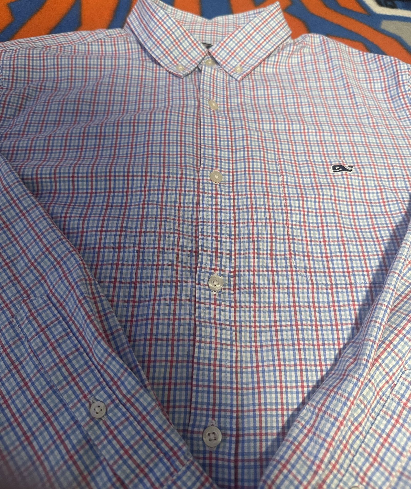 Vineyard Vines Shirt Large Blue Red White Plaid Classic Fit Tucker Long Sleeve
