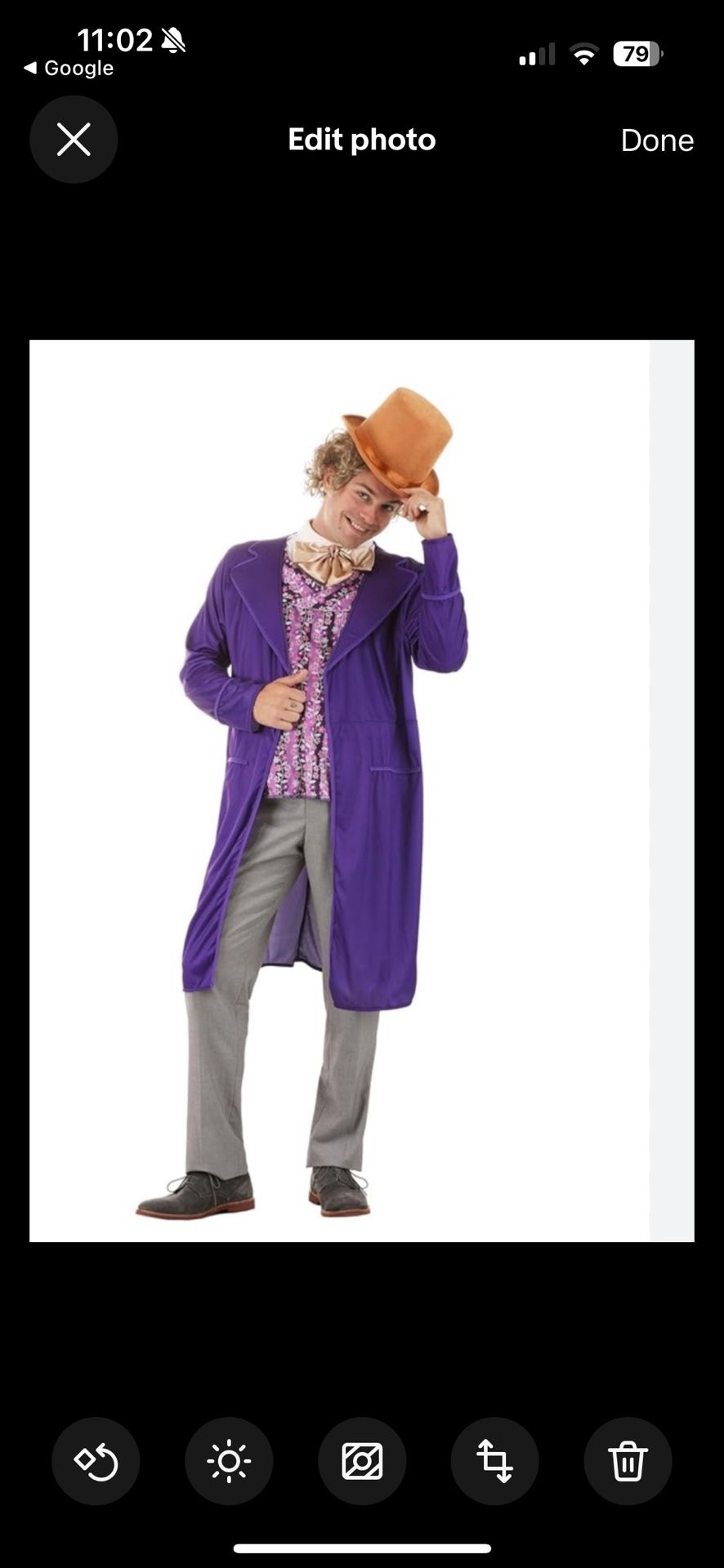 Willy Wonka - Chocolate Factory - Deluxe Halloween Costume Adult Medium Lavender jacket 1 pc attached outfit,sleeve 26”, armpit 27” each side, length 