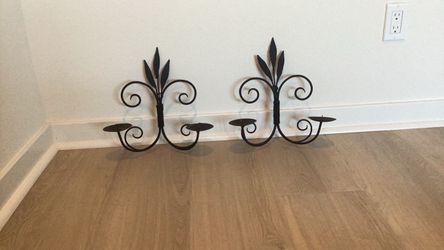Vintage Black Wrought Iron Scroll Candle Wall Sconces — Set of 2
