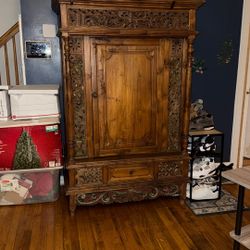 Hand-Carved Solid Wood Cabinet / Armoire – Rustic Vintage Style 