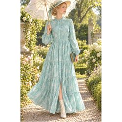 NWT A COLLECTIVE STORY Edwardian Style Maxi Dress in Teal Green Floral M