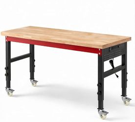 60" Heavy Duty Workbench, 2500 LBS Load Capacity Work Bench with 1.2" Laminated Oak Wood Top & Reinforced Steel Frame, Adjustable Height Work Table fo