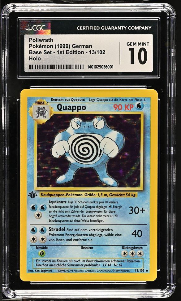 CGC 10 GEM MT Pokemon Quappo (Poliwrath) 13/102 Base Set 1st Edition Holo GERMAN