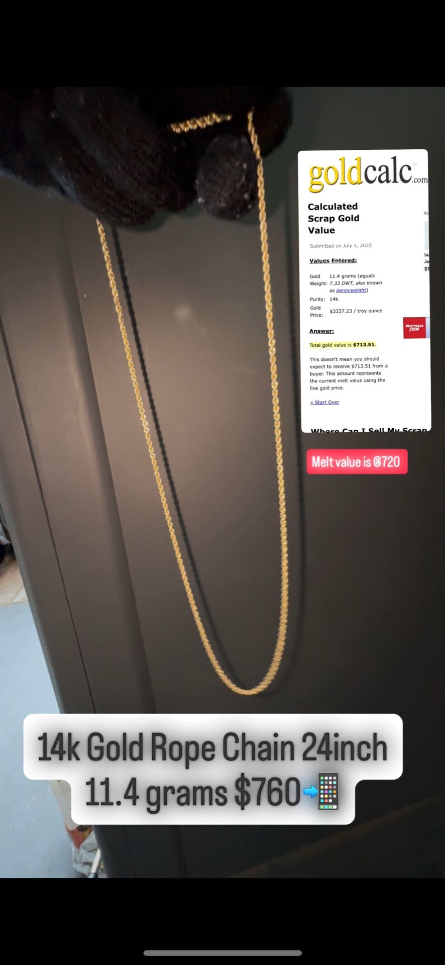 14Kt Gold Rope Chain 11.4grams 24inch