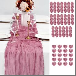 20PCS Dusty Rose Cheesecloth Table Runner 10ft Boho Gauze Fabric Cheese Cloth Table Runner Comes With 20 Cloth Napkins Runner For Romantic Wedding Bir
