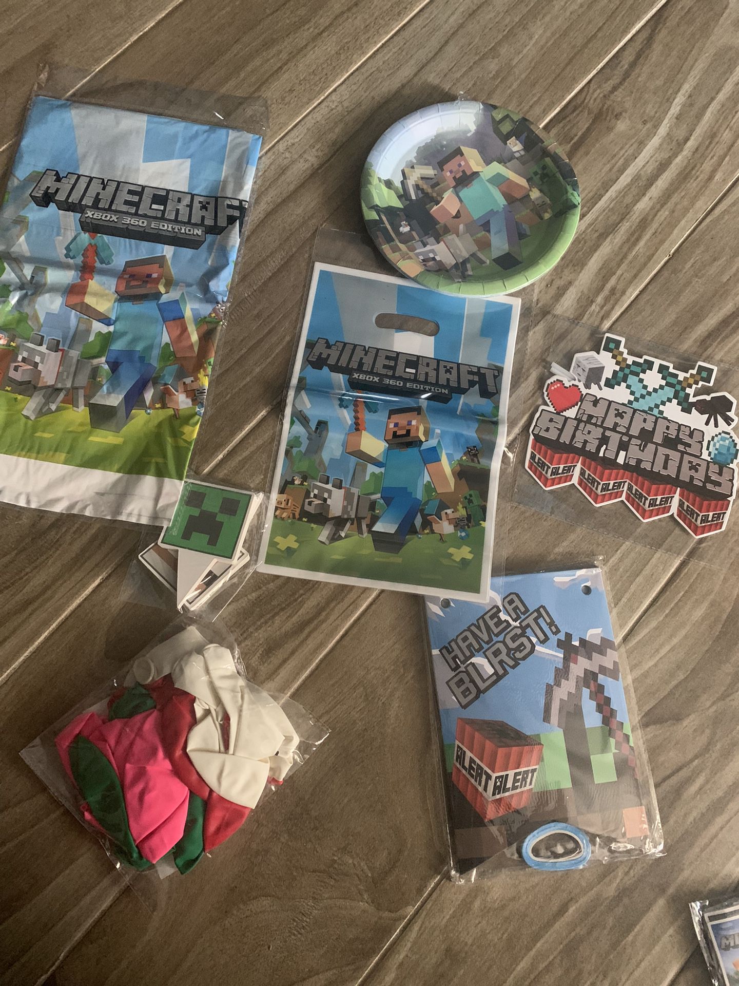 Minecraft Party Supplies Small Plates, Table Cover, Cup Cake Toppers, Cake Topper, Balloons, Banner, Goodie Bags