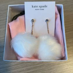 Kate Spade White Faux Fur Pom Pom Drop Earrings