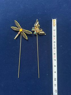 2 Hat pins / metal decor sticks butterfly & dragonfly with gems 10"