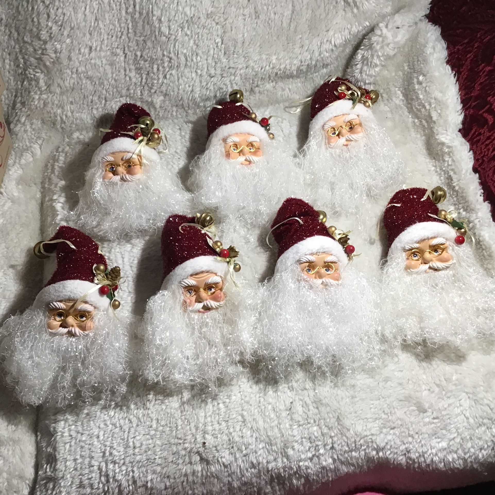 Lot Of 13 Vintage Santa Clause Face Ornaments Hat 7Burgundy 2 Reds 4 Green Jingle Bell Christmas Execellet Condition 