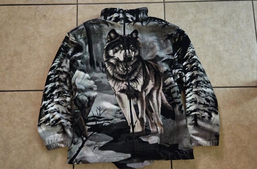 Wolf Print Vintage Fleece Full Zip Jacket