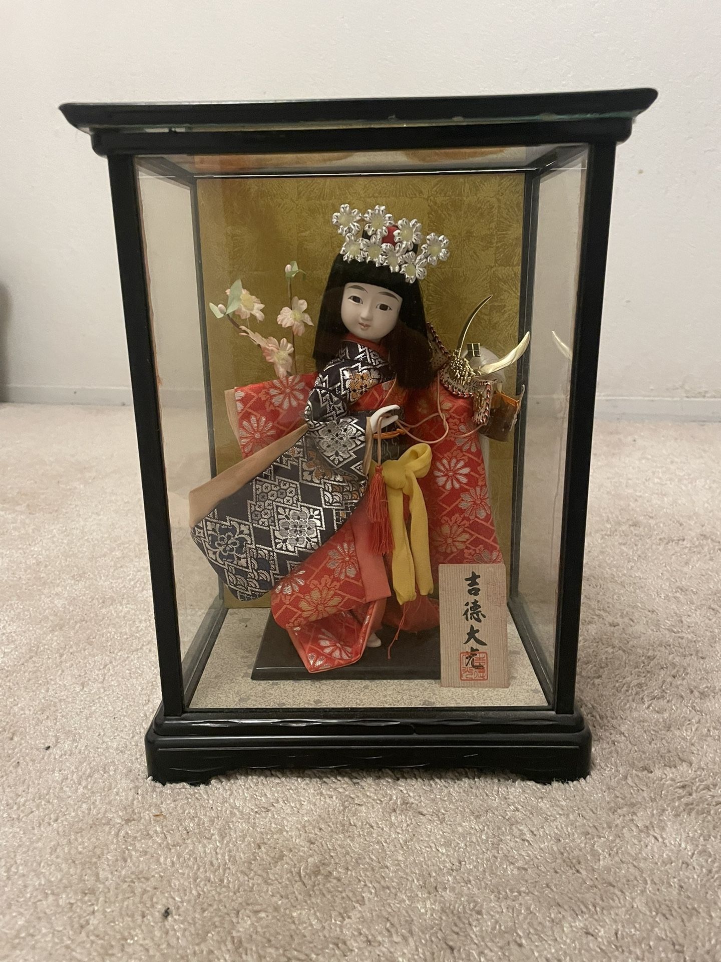 Antique Japanese Porcelain Doll Girl Warrior Glass Case 12x9