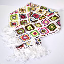 Colorful Granny Square Crochet Scarf With White Fringe- Bohemian Knit Scarf