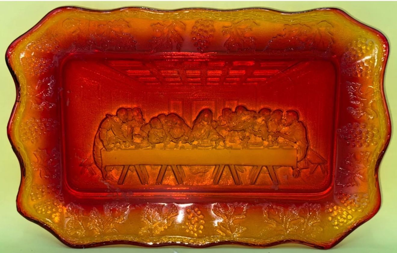 Vintage Indiana Amberina Glass Tiara Last Supper Glass Serving Platter