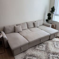 Beige Sectional Sofabed Couch with Storage