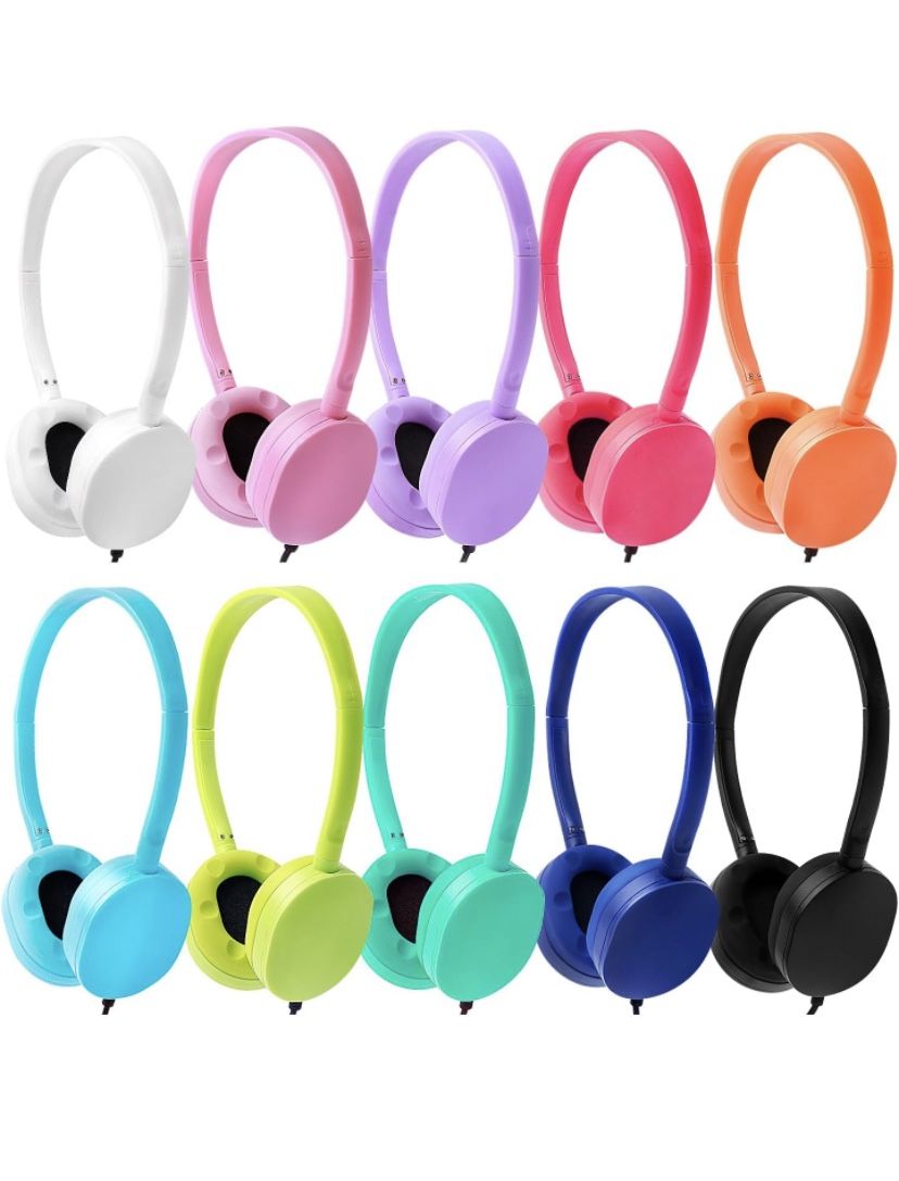 10 Pack Headphones for Kids School Classroom Bulk Multi Colored, Durable Wired Adjustable Student Earphones with 3.5mm Plug for Computer Kindle Chrome