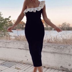 Zara Black And White Ruffle Dress Size Large 