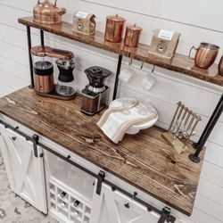 Custom built Wine Rack Cabinet Sideboard Buffet Coffee Hutch Hand Built Hutch Farmhouse farm house Carpenter Floating shelf faux Beam 