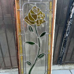 Antique Vintage Stained Glass Window Yellow Rose Design