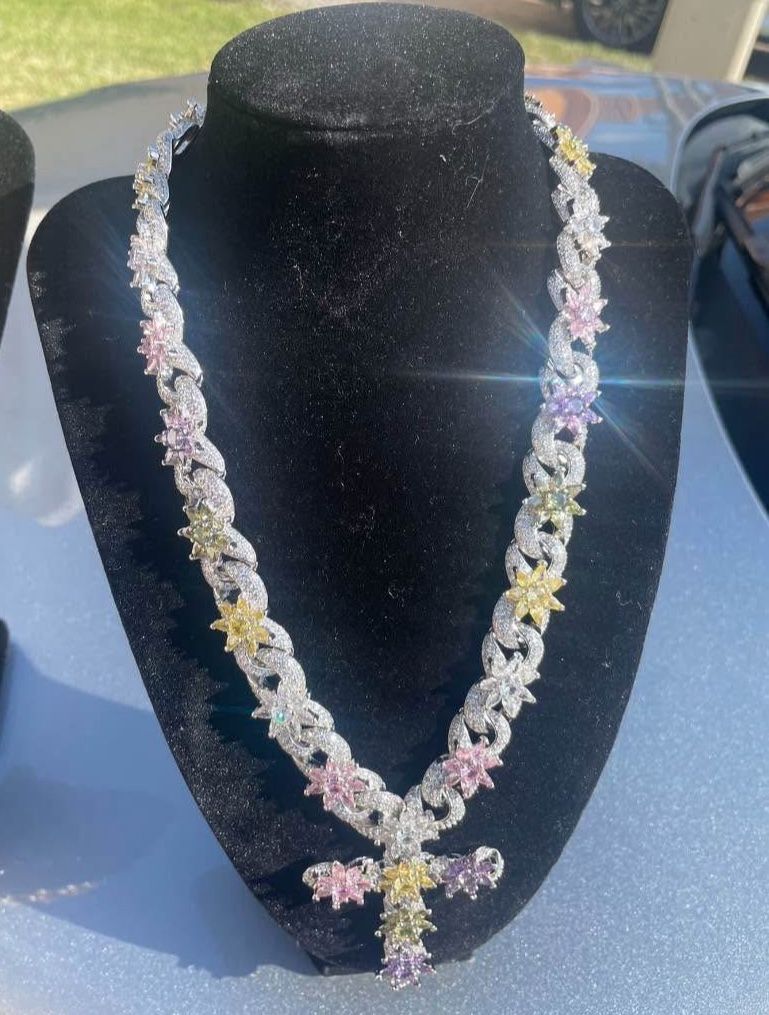 White Gold Plated Cross Silver Cross Purple Yellow Pink Flowers