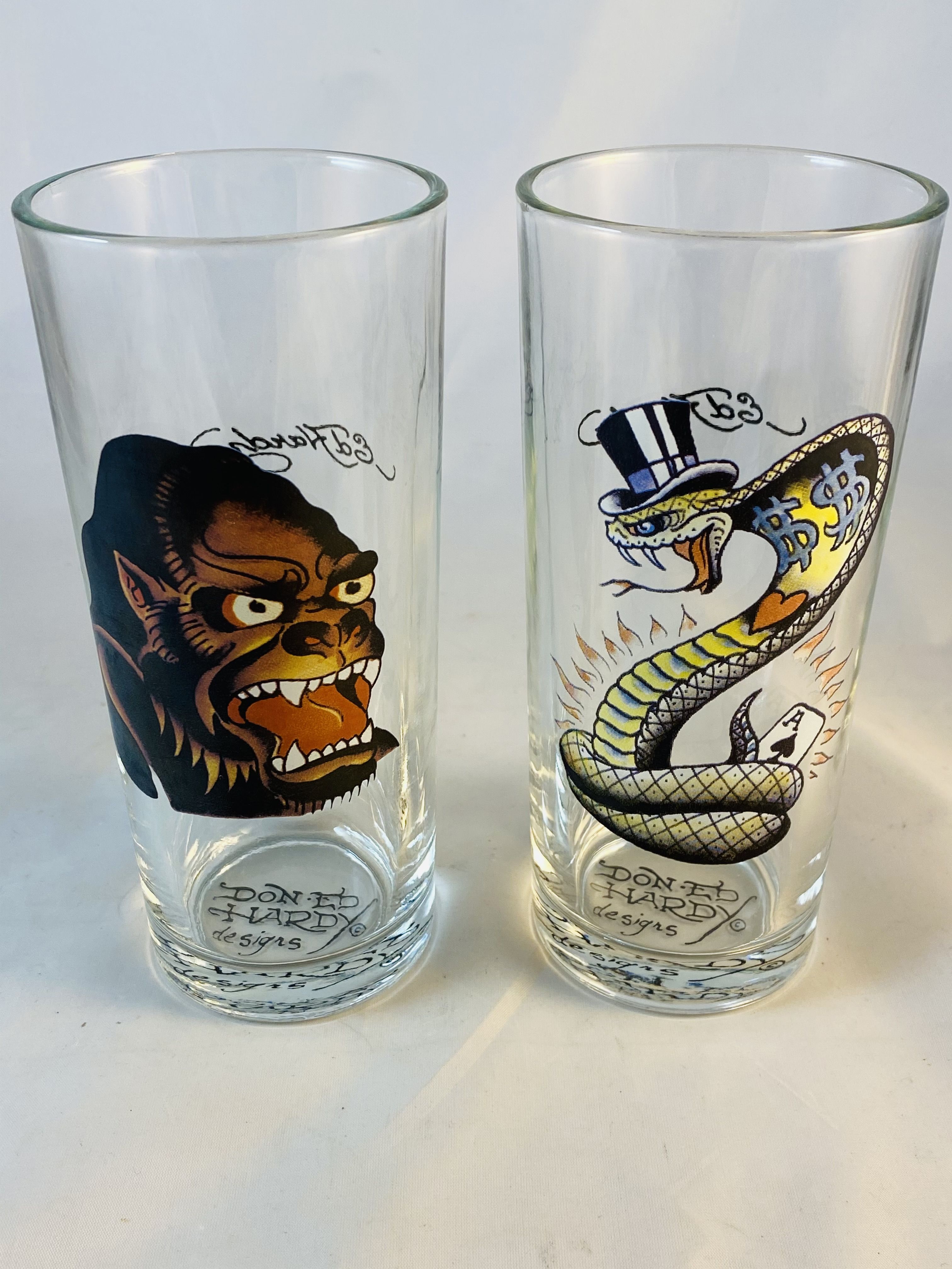 Set Of Two Ed Hardy Tall Glasses By Christian Audigier..Killer Item!